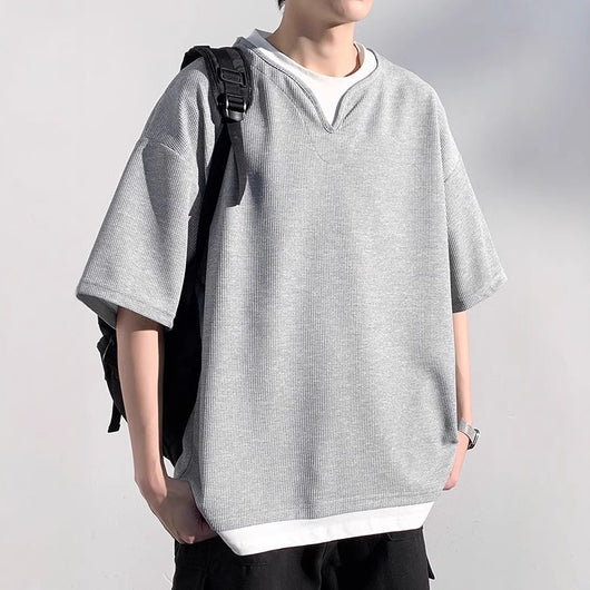Playera de Verano Hombre Cuello Falso Dos Piezas Manga Corta Trendy