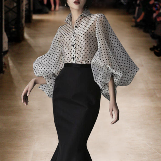 Blusa Organza Transparente con Volantes y Lunares para Mujer