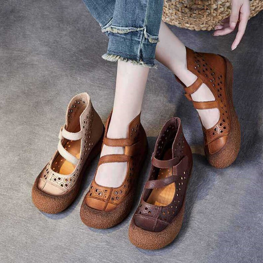 Sandalias Planas de Cuero Retro con Diseño Calado y Suela Antideslizante