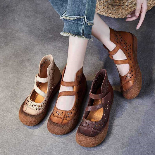 Sandalias Planas de Cuero Retro con Diseño Calado y Suela Antideslizante