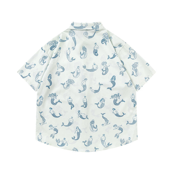 Camisa Estampado Sirena Manga Corta Suelta para Hombre