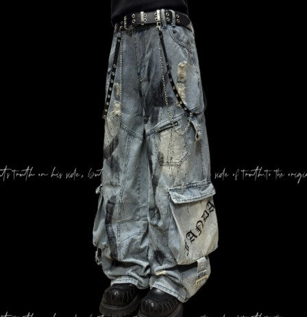 Pantalón Vaquero Ancho Rotos con Bolsillos Múltiples Estilo Urbano Graffiti - Image 8