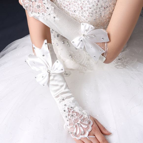 Guantes de Novia Encaje Hueco con Lazo Floral y Dedos Abiertos