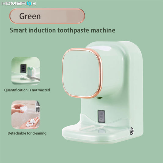 Black automatic toothpaste dispenser with rose gold trim, wall-mounted with sensor for hands-free use.