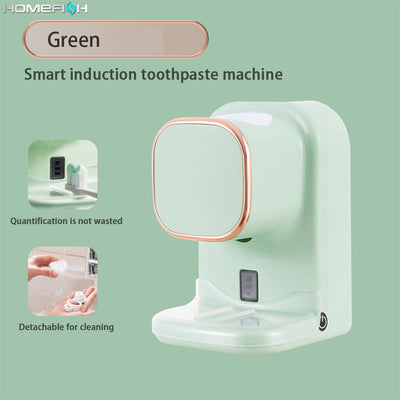 Black automatic toothpaste dispenser with rose gold trim, wall-mounted with sensor for hands-free use.