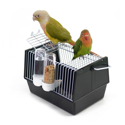 Black and white portable bird cage with two birds perched on top, featuring water and seed feeders. - Image 6