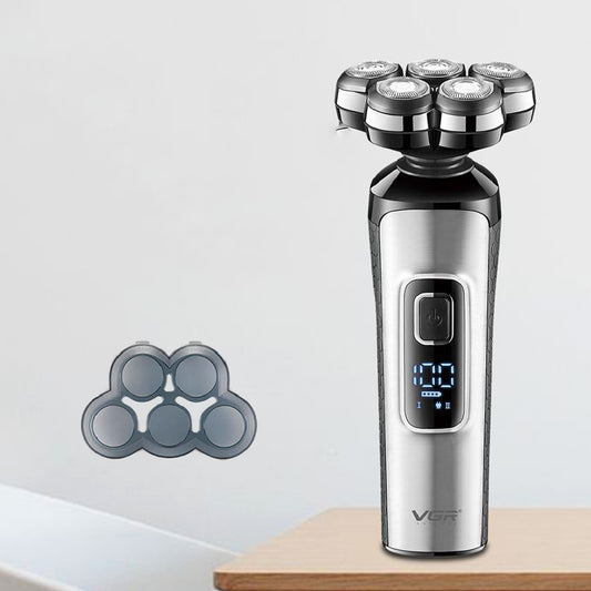 VGR V-385 professional men's rechargeable floating shaver with digital LCD, USB cable, cleaning brush, and head cover.