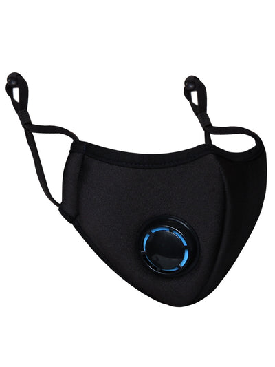 Man wearing a black knitted anti-fog face mask with an exhalation valve, black-rimmed glasses, and a dark grey shirt.