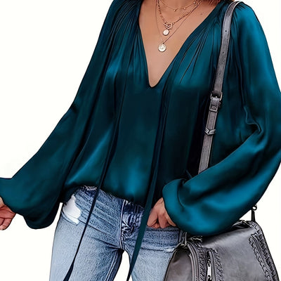 Blusa de Satén con Cuello en V y Mangas Largas para Mujer - Image 16