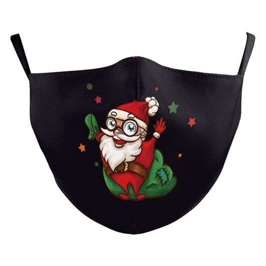 Black dustproof face mask with a digital print of Santa Claus and two reindeer in a snowy forest scene. - Image 31