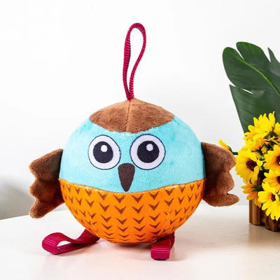 Plush owl dog chew toy in blue, brown, and orange with a chevron pattern, featuring a hanging loop. Measures 13.5cm. - Image 10