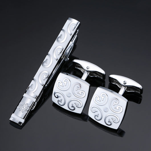 Juego de Clips de Corbata y Gemelos con Cristales Negros y Patrón Floral Esmaltado en Oro y Plata - Image 14