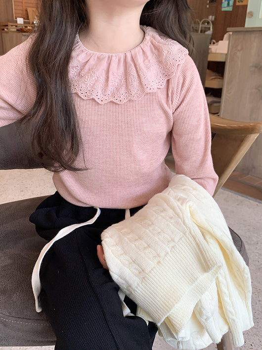 Blusa Infantil de Cachemira con Cuello de Encaje y Rayas Hundidas - Image 21