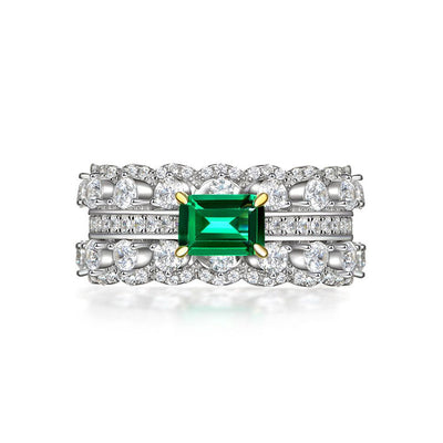 Anillo de Plata Esterlina S925 con Esmeralda Doble Fila - Joyería al Por Mayor