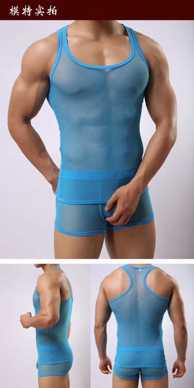 Conjunto Deportivo Mesh Transparente para Hombre - Shorts y Playera con Cortes - Image 13