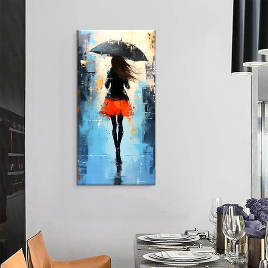 Cuadro Óleo Abstracto Moderno con Figuras Caminando Bajo la Lluvia - Pintura Artesanal en Lienzo para Decoración del Hogar - Image 3