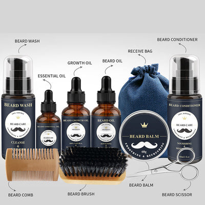 A comprehensive beard care kit with beard wash, essential oil, growth oil, beard oil, conditioner, balm, brush, comb, scissors, and razor. - Image 4