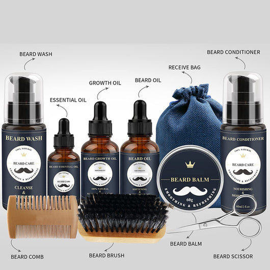 A comprehensive beard care kit with beard wash, essential oil, growth oil, beard oil, conditioner, balm, brush, comb, scissors, and razor. - Image 4
