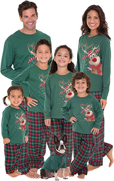 Family of five and a Boston Terrier wearing matching green long-sleeved Christmas pajamas with reindeer graphic and red plaid pants. - Image 3