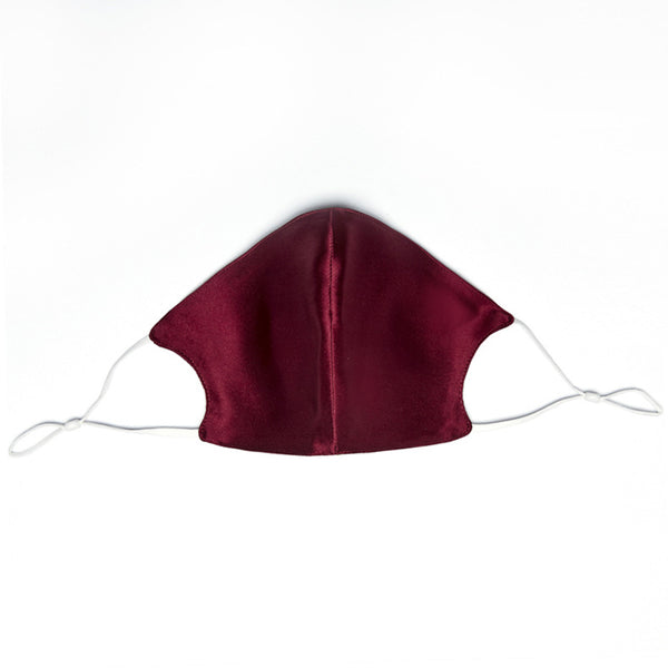 Wine red silk face mask with adjustable white ear loops, designed for breathable comfort and dust protection. - Image 6