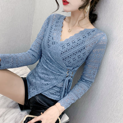 Blusa de Encaje Manga Larga Escote V Sexy para Mujer - Image 10