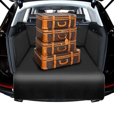 Black waterproof 600D Oxford cloth pet mat covering a vehicle's cargo area, featuring side flaps and a storage pocket. - Image 3