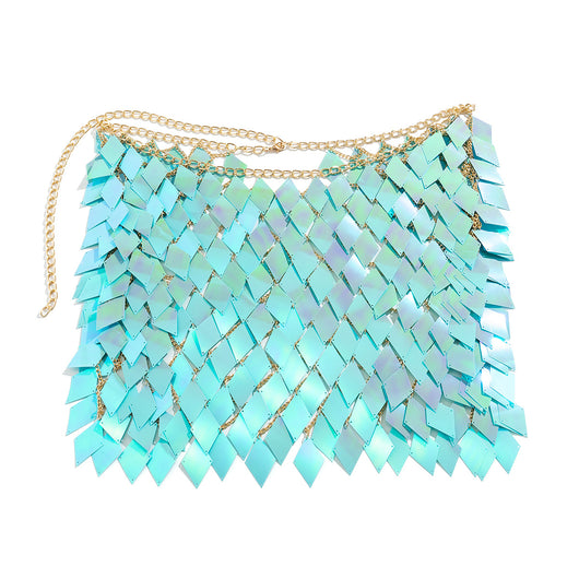 Woman wearing a gold-tone body chain top with iridescent pink and orange diamond-shaped sequins, perfect for beach or festival. - Image 5