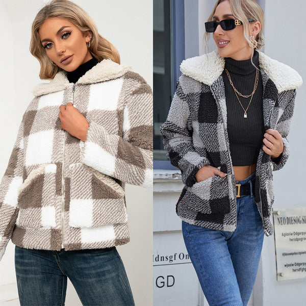 Chaqueta de Lana Cuadrille con Solapa Suave y Bolsillos