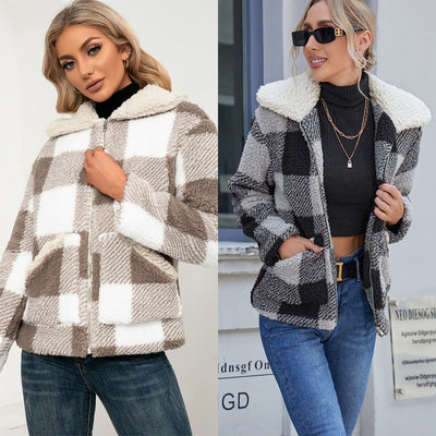 Chaqueta de Lana Cuadrille con Solapa Suave y Bolsillos