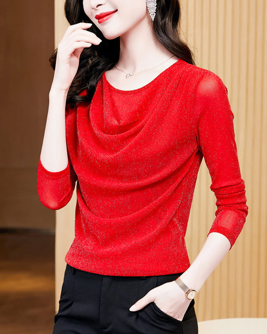 Blusa Elegante de Seda Brillante con Cuello Redondo y Manga Larga - Image 7