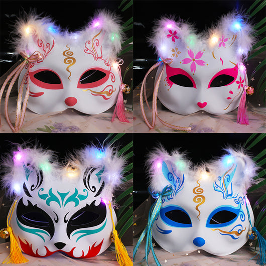 Máscara Luminosa de Zorro y Gato Bifronte con Plumas
