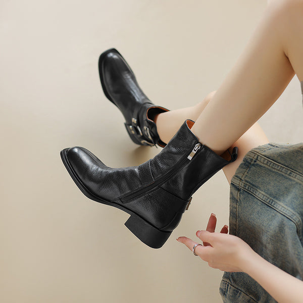 Botas Cortas de Tacón Grueso Retro Versátiles