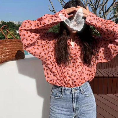 Blusa Floral Romántica de Solapa y Manga Larga para Mujer - Image 3