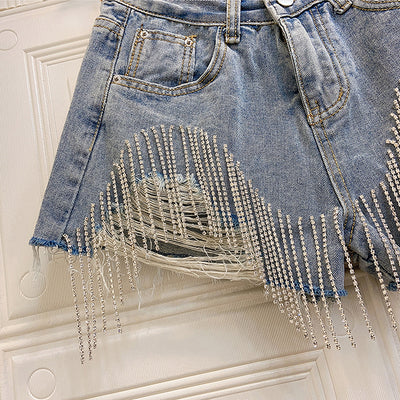 Short Jeans Cintura Alta Slim con Flecos y Abalorios Estilo Europeo - Image 5