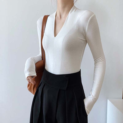 Blusa Básica de Cuello V y Manga Larga para Mujer - Image 6