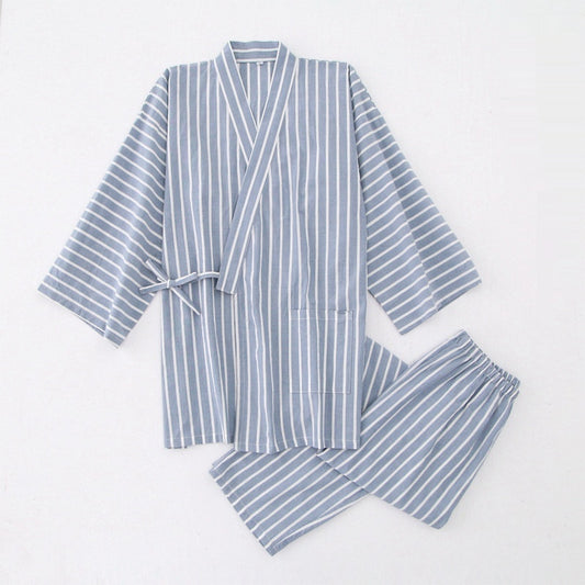 Pijama de Algodón Rayado para Pareja - Conjunto Kimono Japonés Cómodo