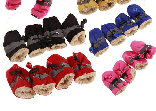 Four blue pet booties with grey trim and adjustable blue drawstrings, designed for dogs or puppies. - Image 14