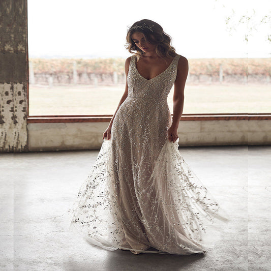 Vestido Largo Escote V Efecto Bronce
