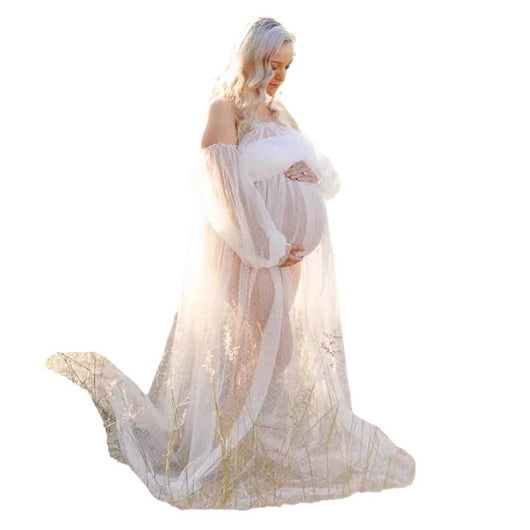 Vestido Premamá Hombros Descubiertos con Mangas Abullonadas y Estampado de Puntos - Image 4