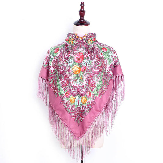 Pañuelo Cuadrado de Algodón y Lino con Flecos Estampado