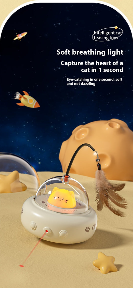 Pink electric UFO cat teaser toy with a clear dome, a cute pink cat head, and a feather wand with a bell. - Image 14