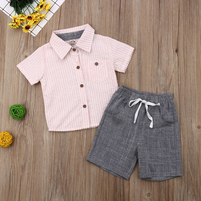 Conjunto Infantil de Camisa y Pantalones Cortos a Rayas con Cuello Solapa - Image 4
