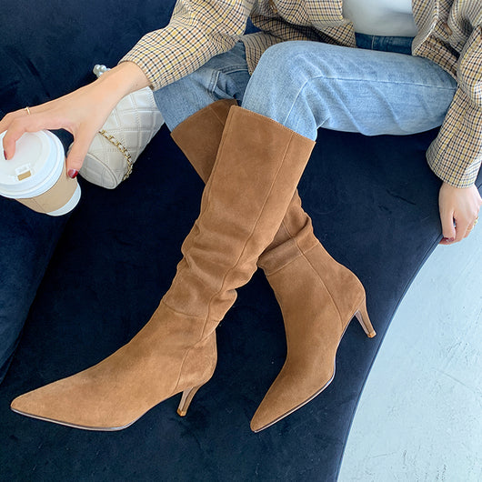 Botas de Ante Francés para Mujer Tacón Stiletto Marrón - Image 10