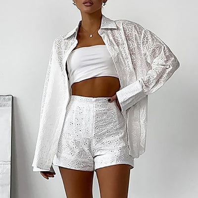 Conjunto de Blusa y Shorts Jacquard Suelto para Mujer - Image 3