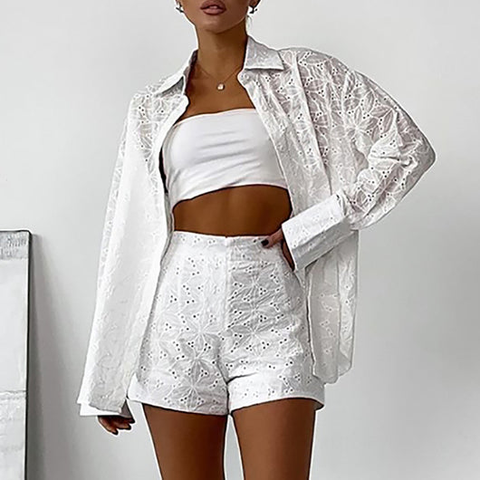 Conjunto de Blusa y Shorts Jacquard Suelto para Mujer - Image 3