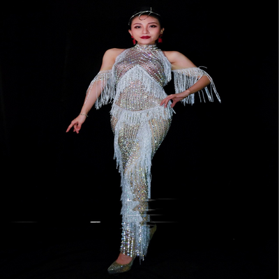 Vestido de Danza Completo con Flecos de Diamantes para Presentaciones - Image 6