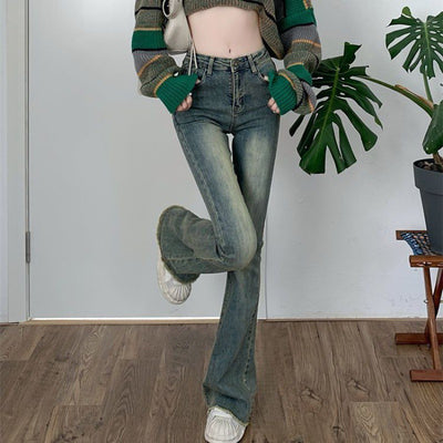Jeans Retro Talle Alto con Basta Cruda y Corte Acampanado para Mujer