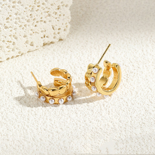 Aretes Doble C Retro en Acero Inoxidable con Perla Imitación - Diseño Amor - Image 9
