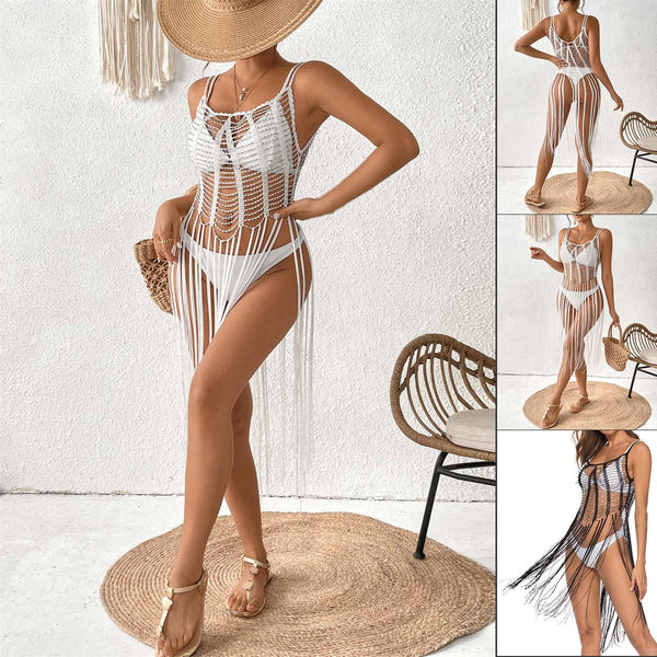 Vestido Playero Elegante con Detalles Calados y Abalorios