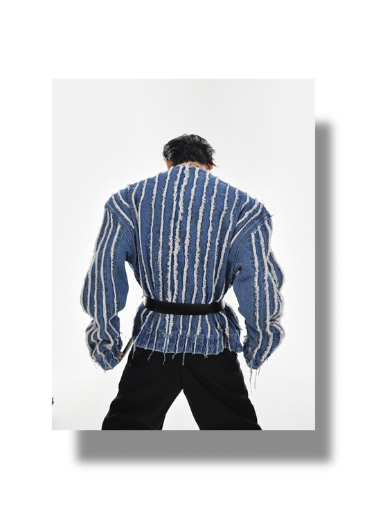Chaqueta Denim Sin Cuello con Rayas 3D y Flecos Lavados - Image 10